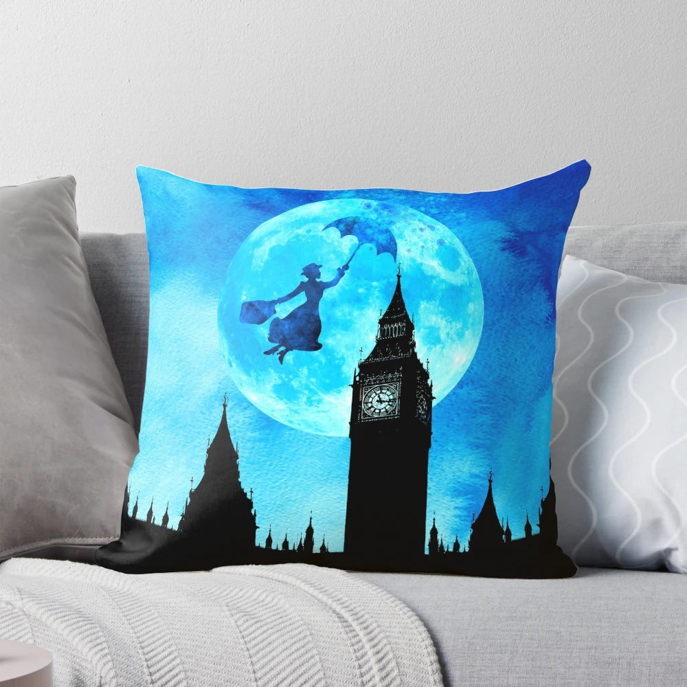 Vibrant watercolor design of Mary Poppins on a soft, comfortable pillow - perfect for adding magical touches to your home decor.