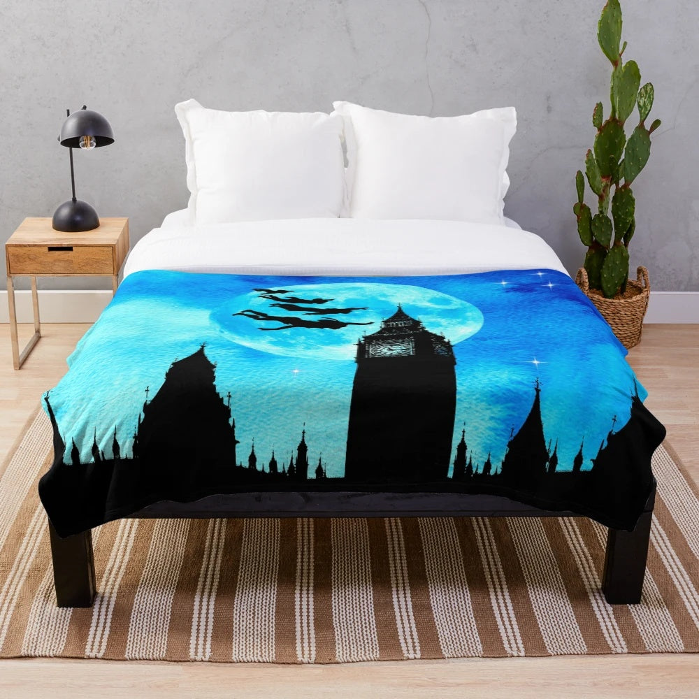 Magical watercolor-inspired plush blanket featuring Peter Pan, Neverland, and a starry night sky