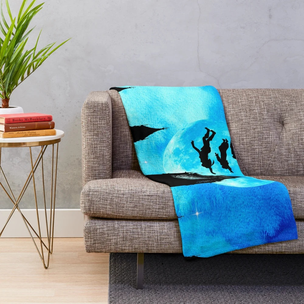 Magical watercolor-inspired plush blanket featuring Peter Pan, Neverland, and a starry night sky