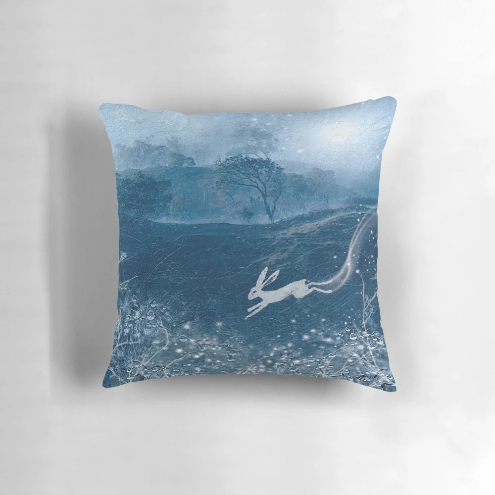 A beautiful, mystical white hare pillow featuring the goddess of winter and snow.