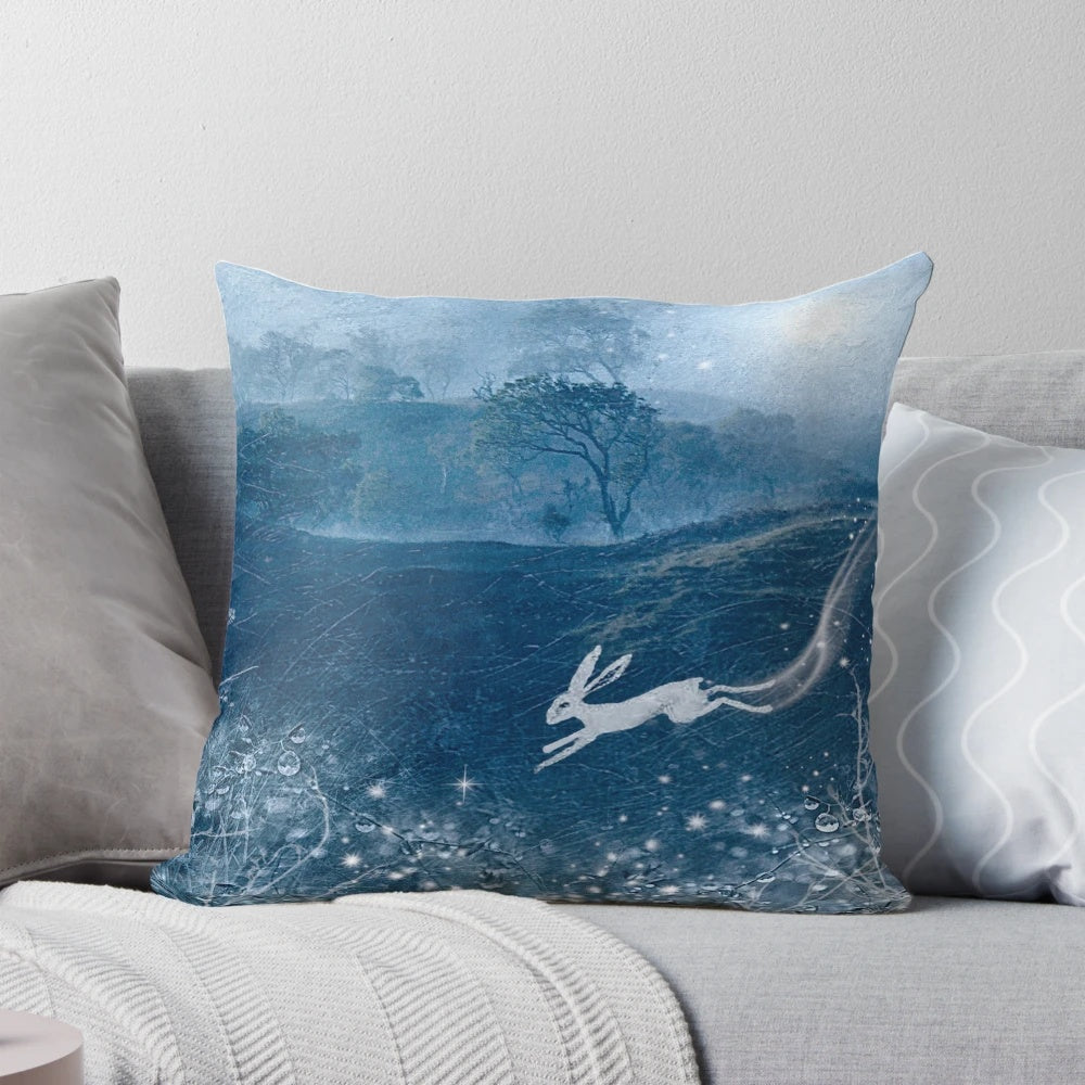 A beautiful, mystical white hare pillow featuring the goddess of winter and snow.