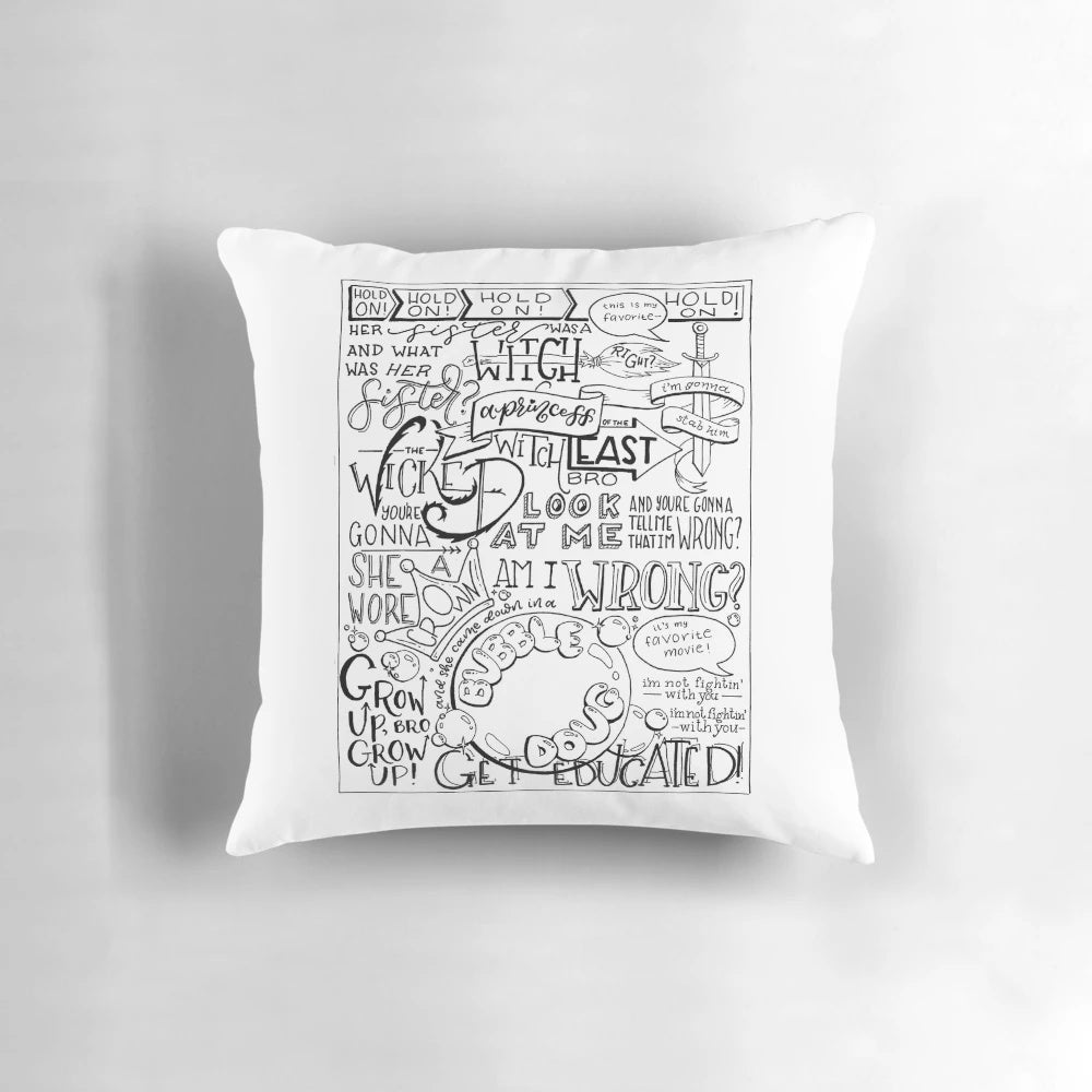 A hand-lettered decorative pillow featuring a quote from the classic film "The Wizard of Oz", with the phrase "Wicked Witch of the East Bro".