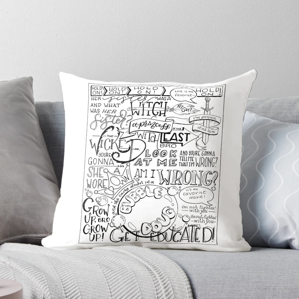 A hand-lettered decorative pillow featuring a quote from the classic film "The Wizard of Oz", with the phrase "Wicked Witch of the East Bro".