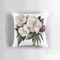 Magnolia floral and botanical watercolor painting on a decorative throw pillow