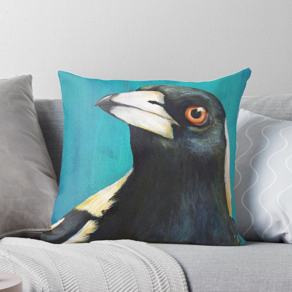 Vibrant blue and white magpie bird decorative throw pillow for modern home decor