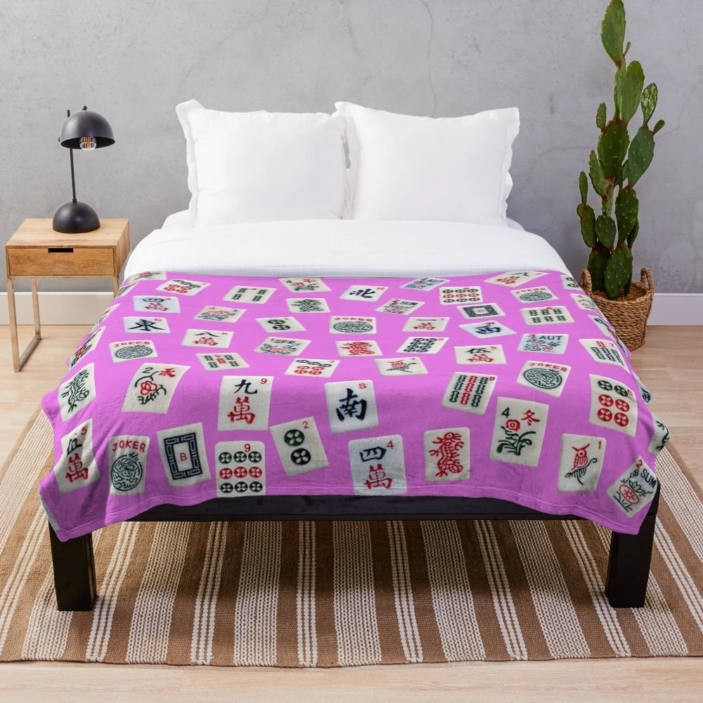Mahjong tiles design plush blanket in pink color