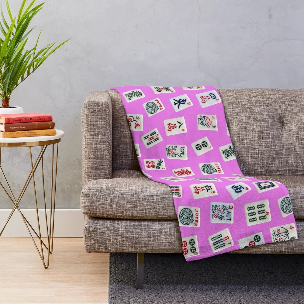 Mahjong tiles design plush blanket in pink color