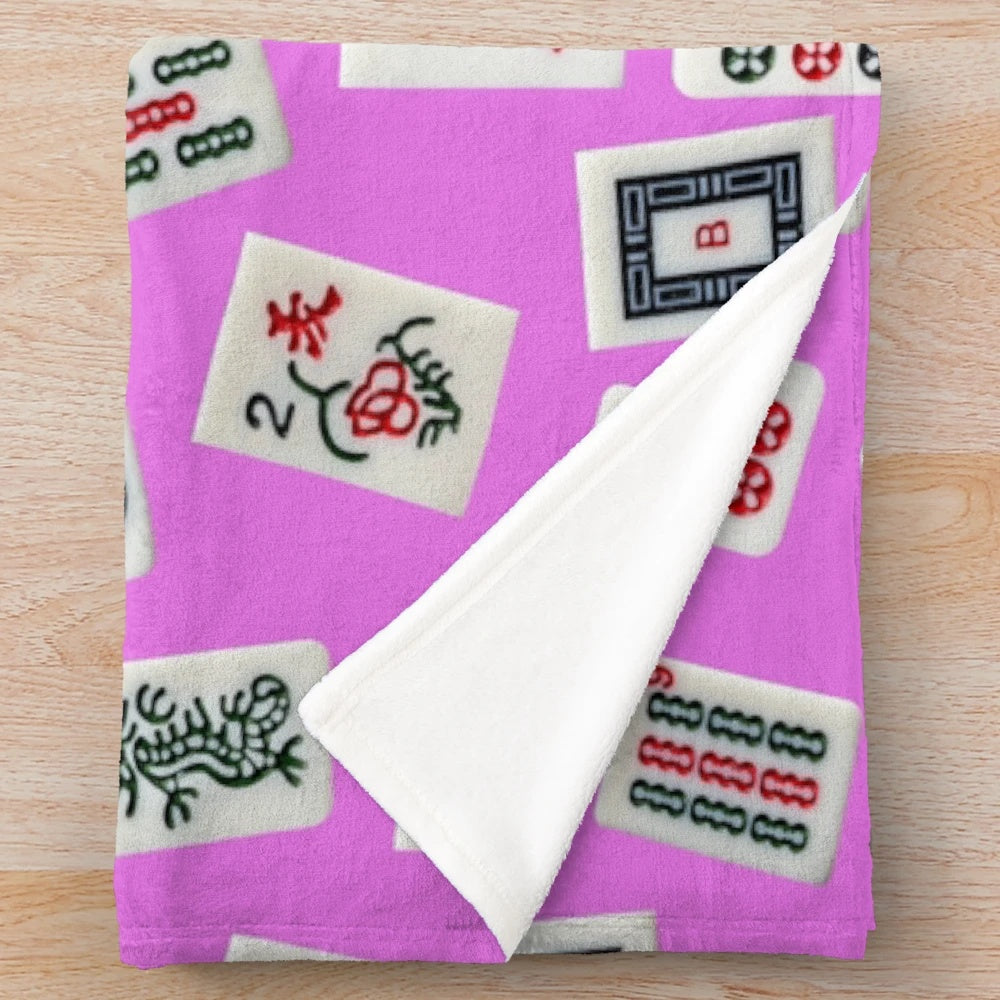 Mahjong tiles design plush blanket in pink color
