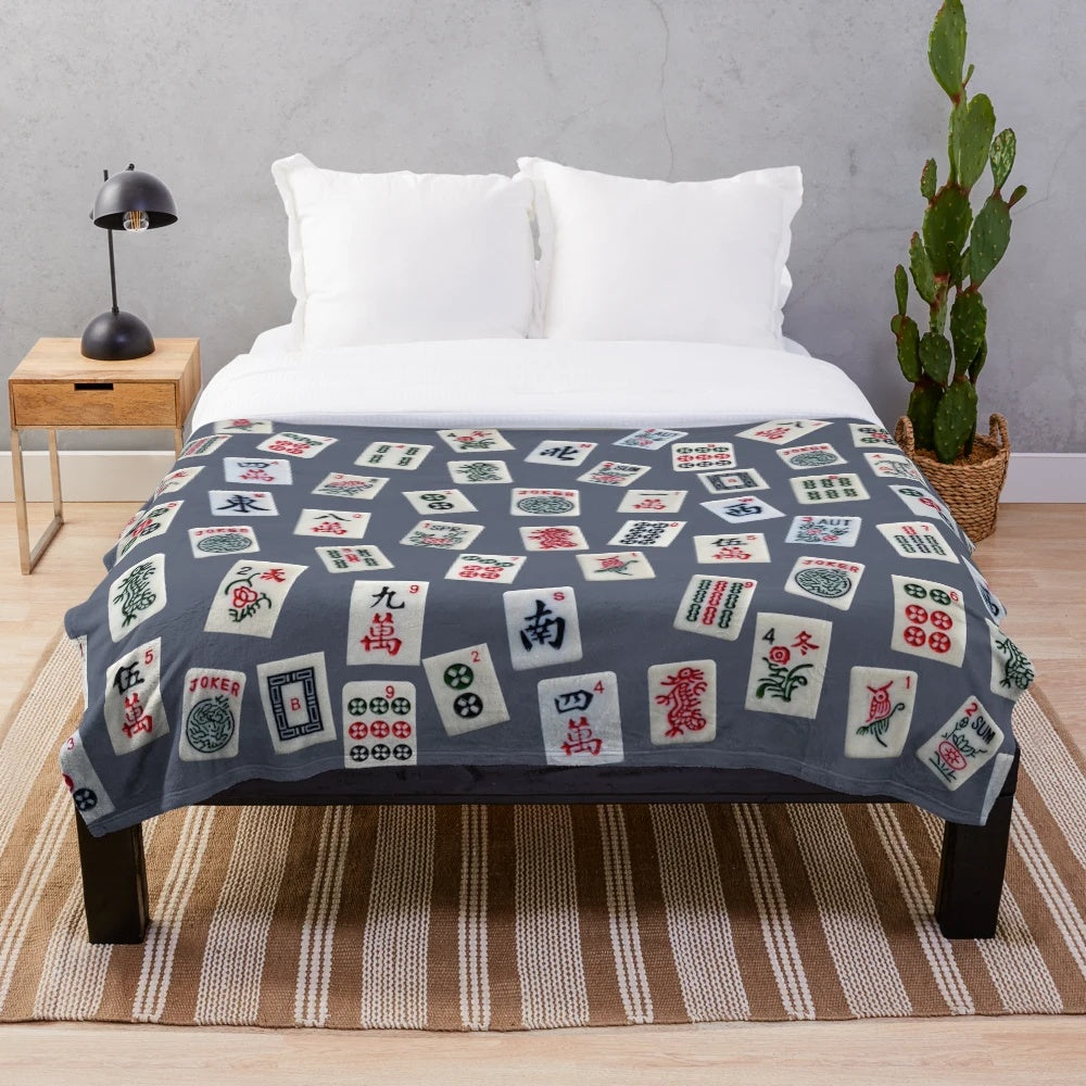 Mahjong tiles design plush blanket in blue color
