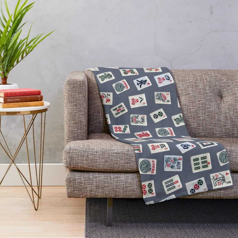 Mahjong tiles design plush blanket in blue color