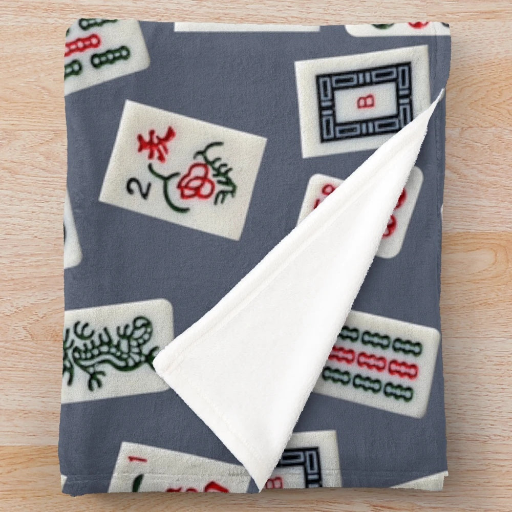 Mahjong tiles design plush blanket in blue color