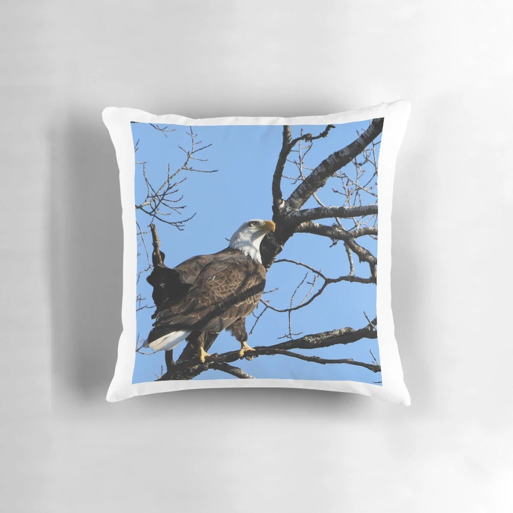 A plush, high-quality pillow featuring the majestic bald eagle, the national bird of the United States.