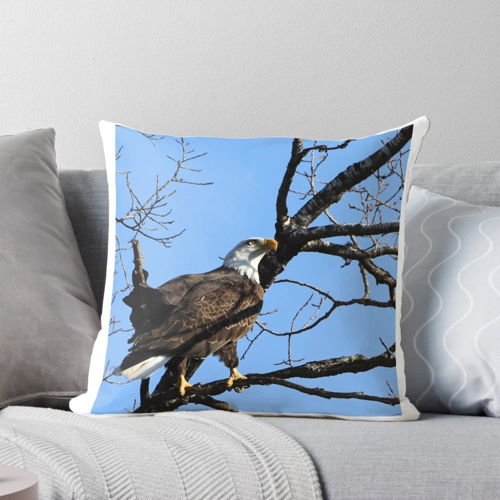 A plush, high-quality pillow featuring the majestic bald eagle, the national bird of the United States.