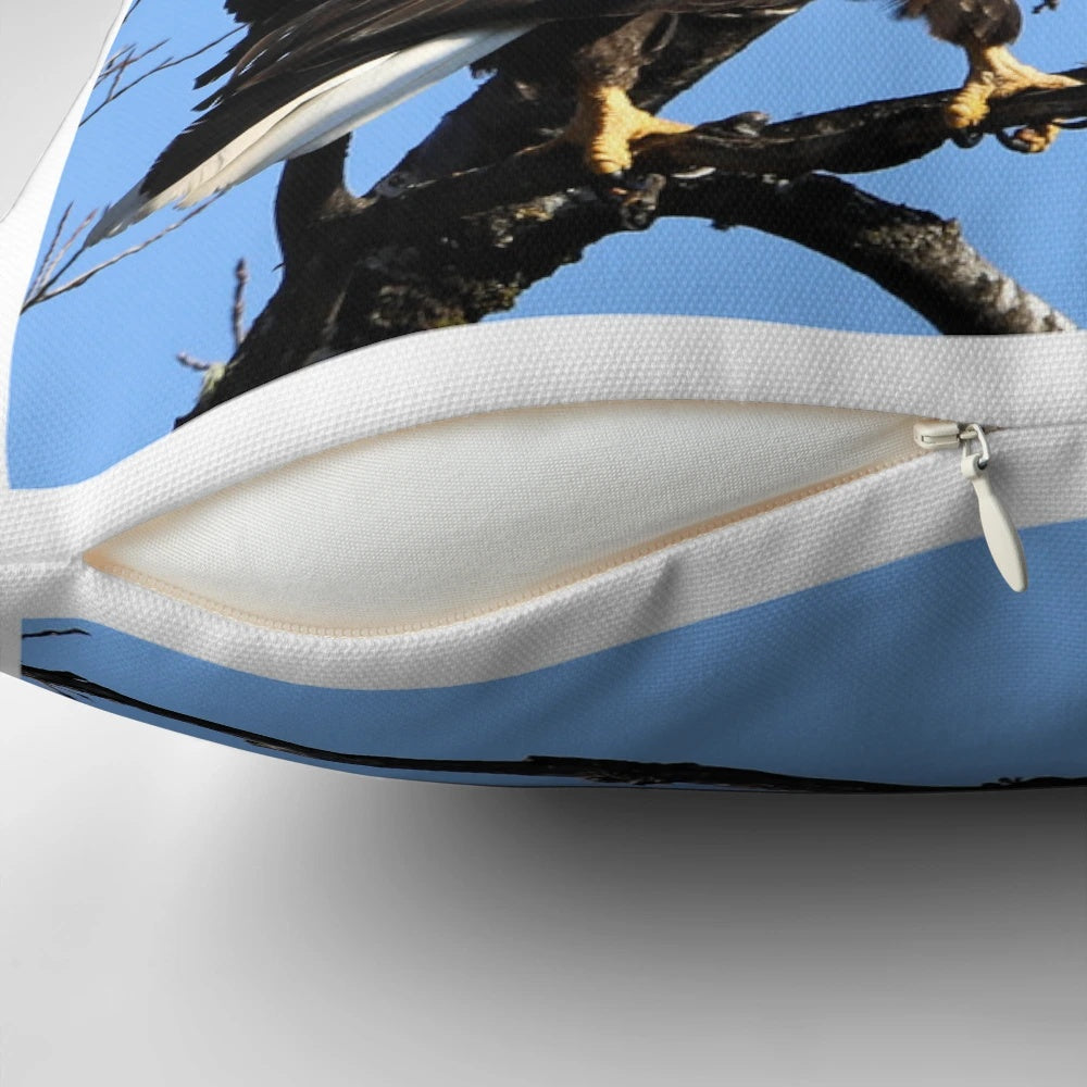 A plush, high-quality pillow featuring the majestic bald eagle, the national bird of the United States.