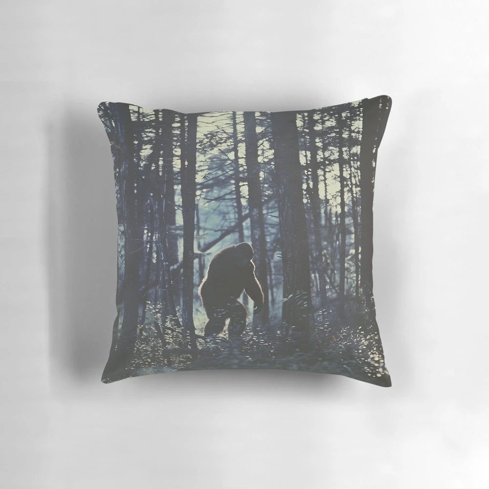 Artistic depiction of a Bigfoot or Sasquatch creature in a lush forest with pine trees
