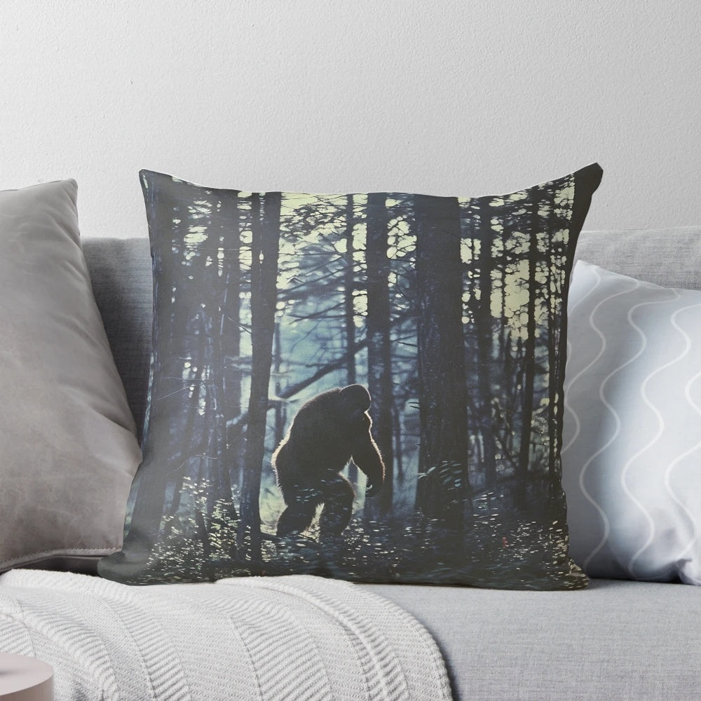 Artistic depiction of a Bigfoot or Sasquatch creature in a lush forest with pine trees