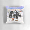A Pillow featuring a beautiful black Appaloosa horse family in a snowy winter scene.