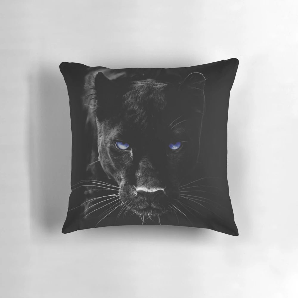 Vibrant artwork of a powerful black panther on a decorative throw pillow, perfect for nature lovers and wildlife enthusiasts.