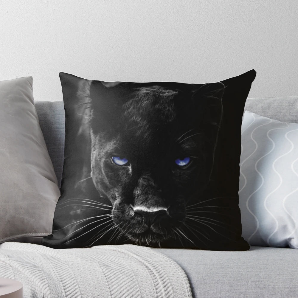 Vibrant artwork of a powerful black panther on a decorative throw pillow, perfect for nature lovers and wildlife enthusiasts.