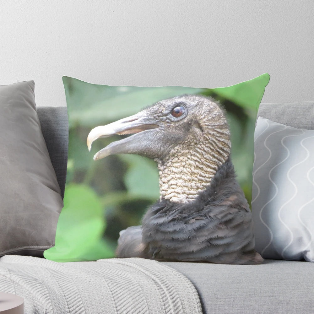 Black vulture decorative pillow featuring a realistic illustration of the majestic bird