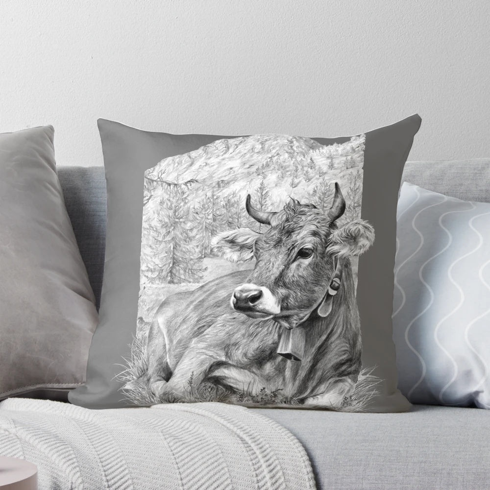 Illustration of a black and white Bruna Alpina cow standing in a mountainous, alpine landscape