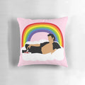 Jeff Goldblum graphic printed on a colorful rainbow cloud pillow
