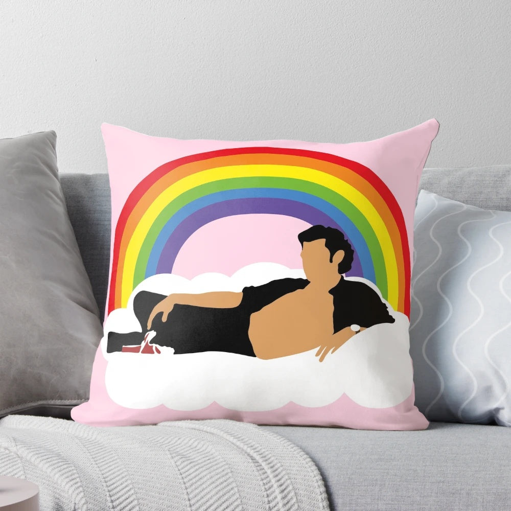 Jeff Goldblum graphic printed on a colorful rainbow cloud pillow