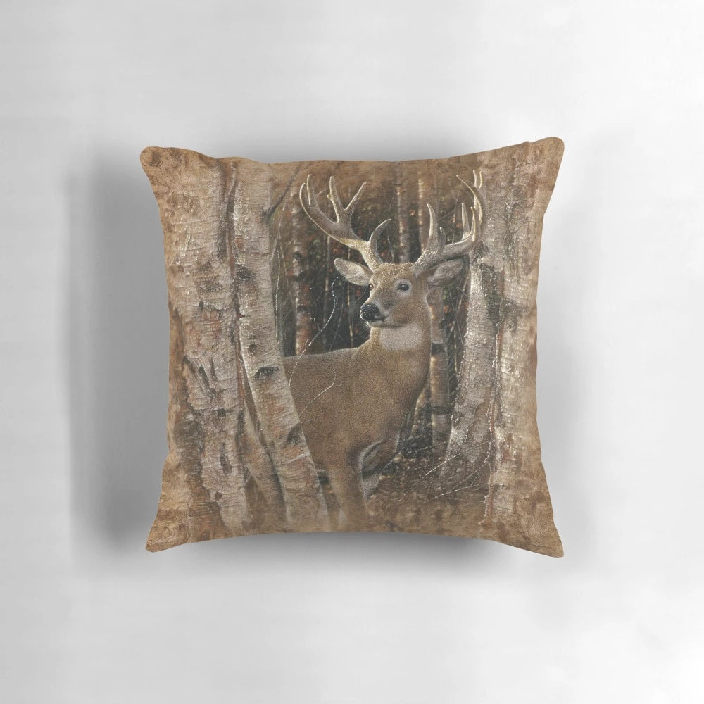 Detailed image of a large, standing deer with impressive antlers in a birch forest setting