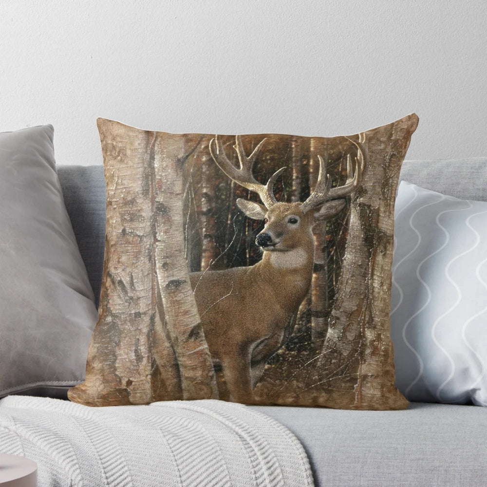 Detailed image of a large, standing deer with impressive antlers in a birch forest setting