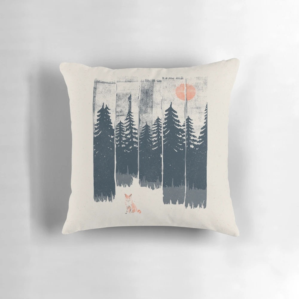 Decorative accent pillow with a beautiful illustration of a fox in a natural, wilderness setting