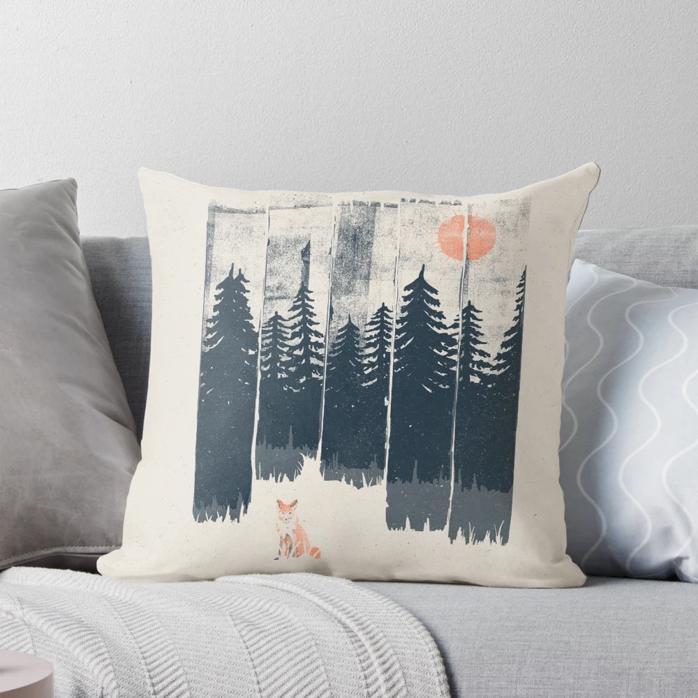 Decorative accent pillow with a beautiful illustration of a fox in a natural, wilderness setting