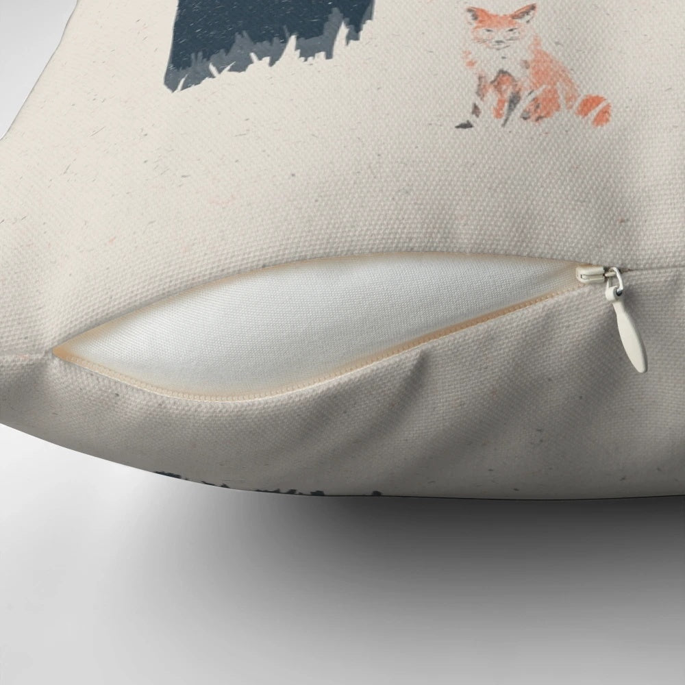Decorative accent pillow with a beautiful illustration of a fox in a natural, wilderness setting
