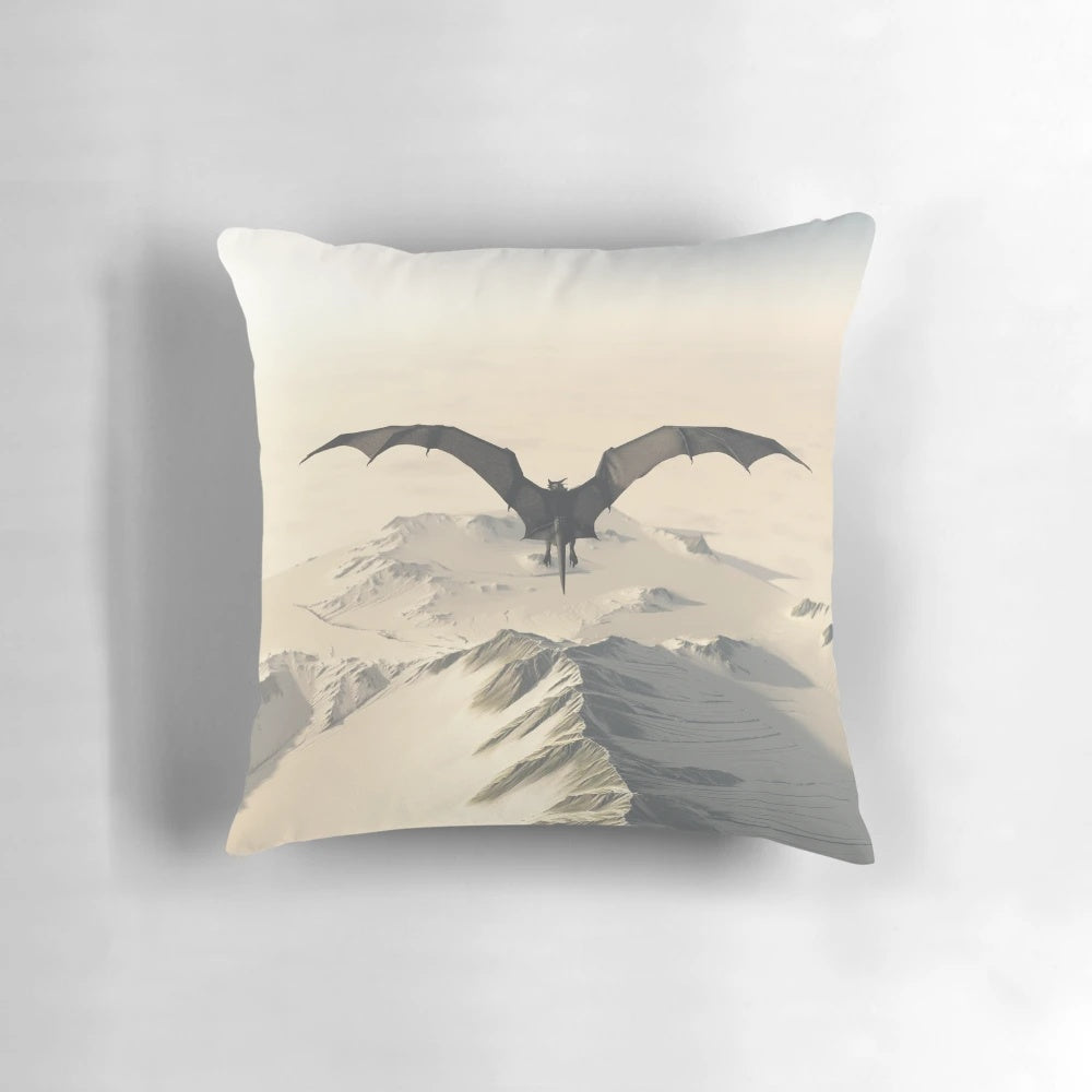Grey dragon flying over snowy mountain ridge