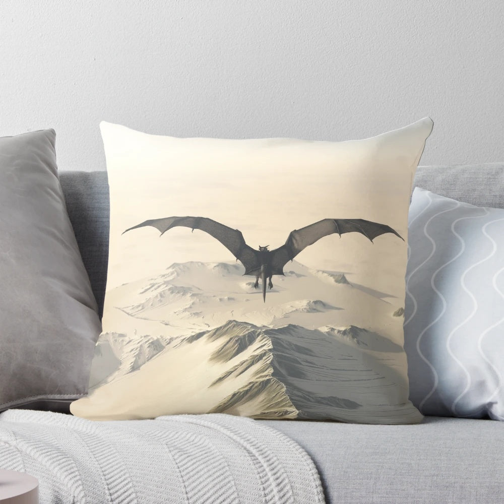 Grey dragon flying over snowy mountain ridge