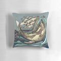 A decorative pillow featuring a whale, the sea, and a sailing ship, with a focus on the "leviathan" keyword.