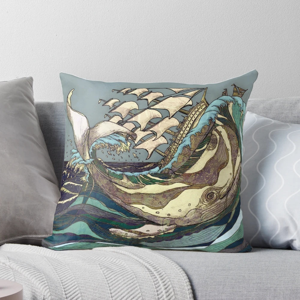 A decorative pillow featuring a whale, the sea, and a sailing ship, with a focus on the "leviathan" keyword.