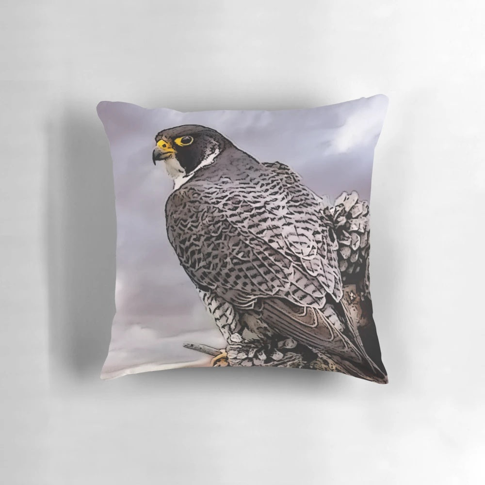 Soft, decorative pillow featuring a stunning image of a peregrine falcon, a magnificent bird of prey found in California.