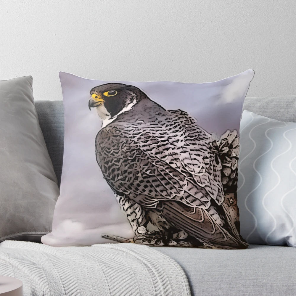 Soft, decorative pillow featuring a stunning image of a peregrine falcon, a magnificent bird of prey found in California.