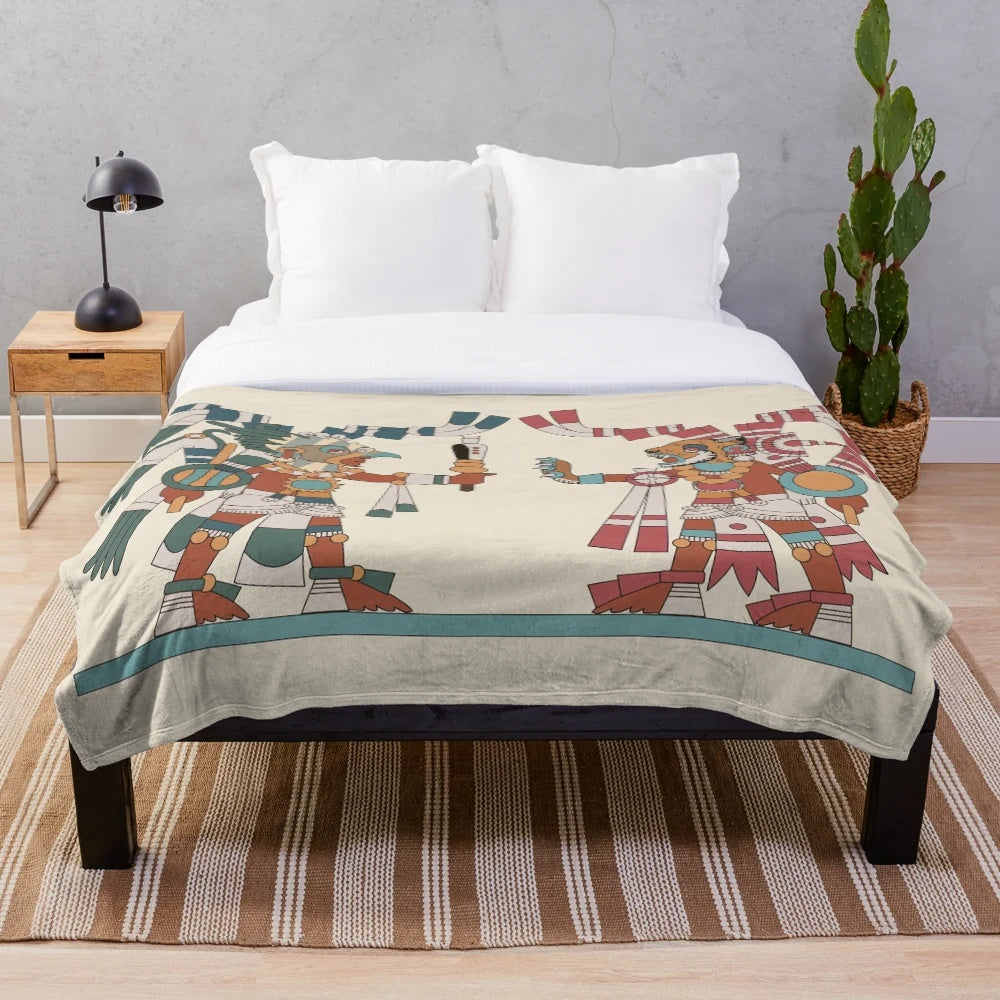 Plush blanket featuring Aztec eagle and jaguar knight motifs