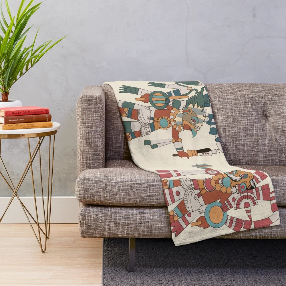 Plush blanket featuring Aztec eagle and jaguar knight motifs