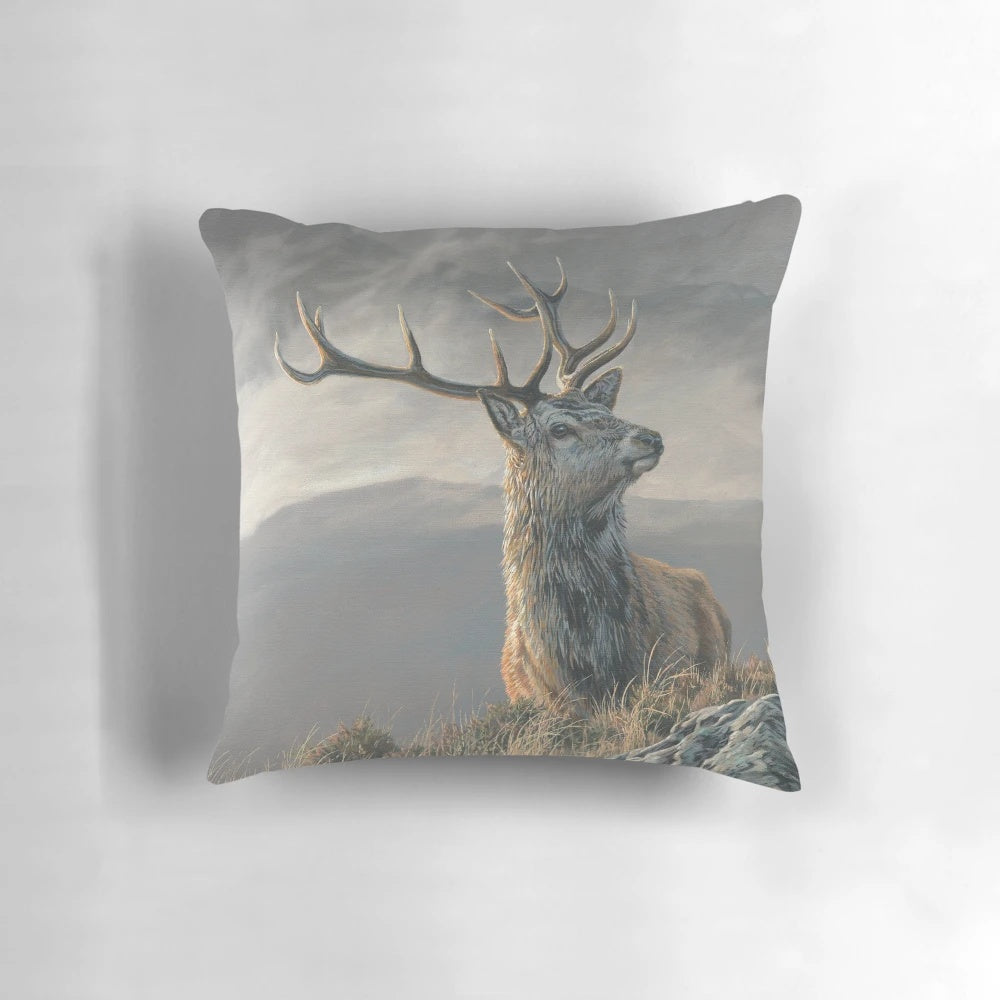 Detailed wildlife painting of a magnificent red deer stag in the Scottish Highlands