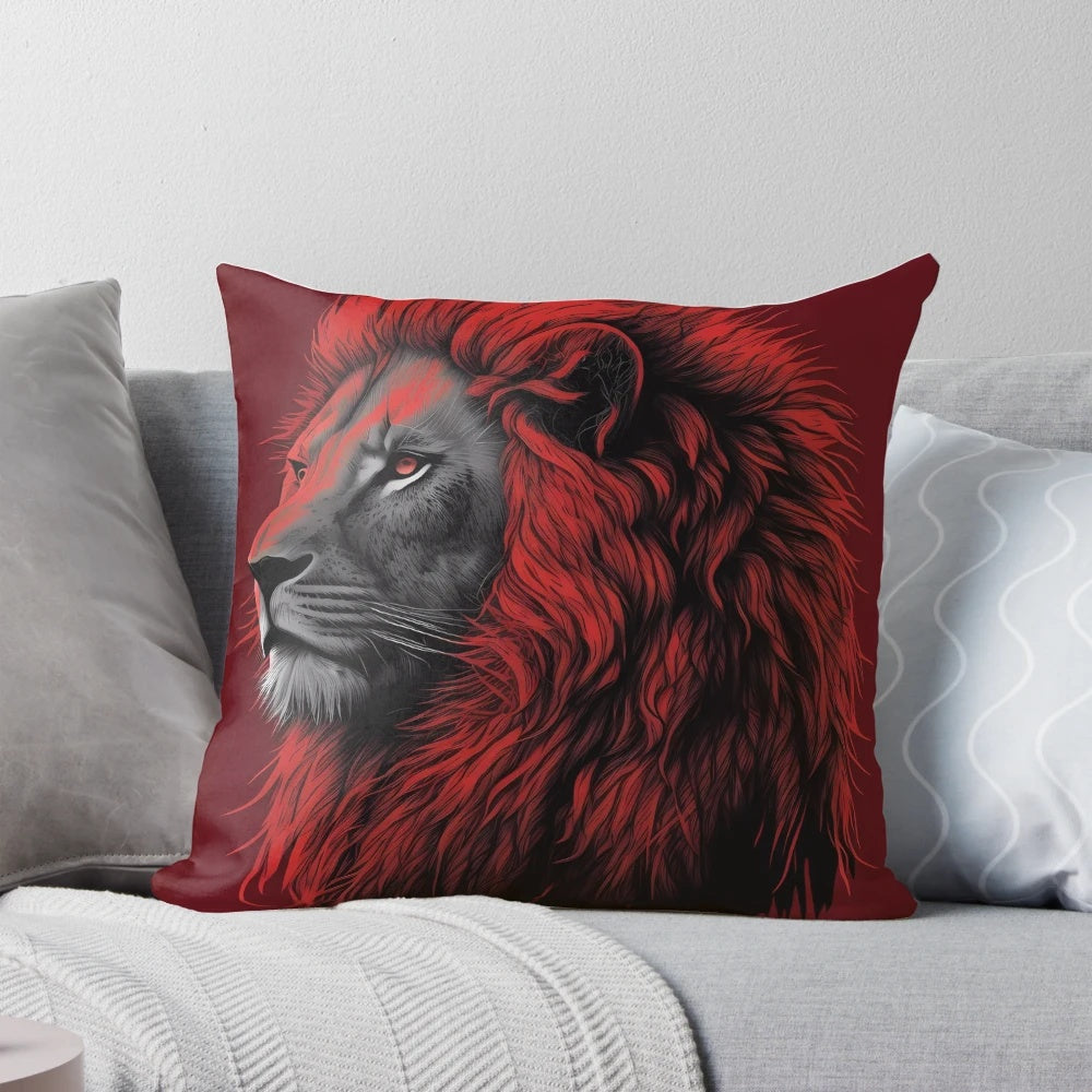 Luxurious red lion throw pillow for a regal, nature-inspired home accent.