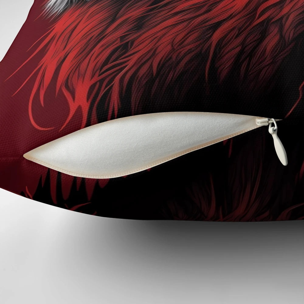 Luxurious red lion throw pillow for a regal, nature-inspired home accent.