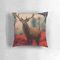 A vivid and unique pillow featuring a striking red stag in a lush forest setting.