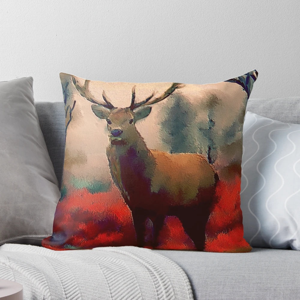 A vivid and unique pillow featuring a striking red stag in a lush forest setting.