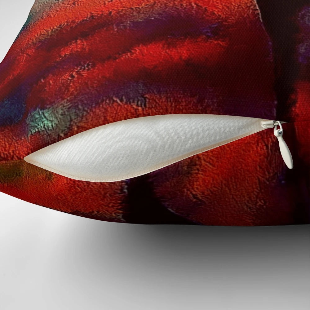 A vivid and unique pillow featuring a striking red stag in a lush forest setting.