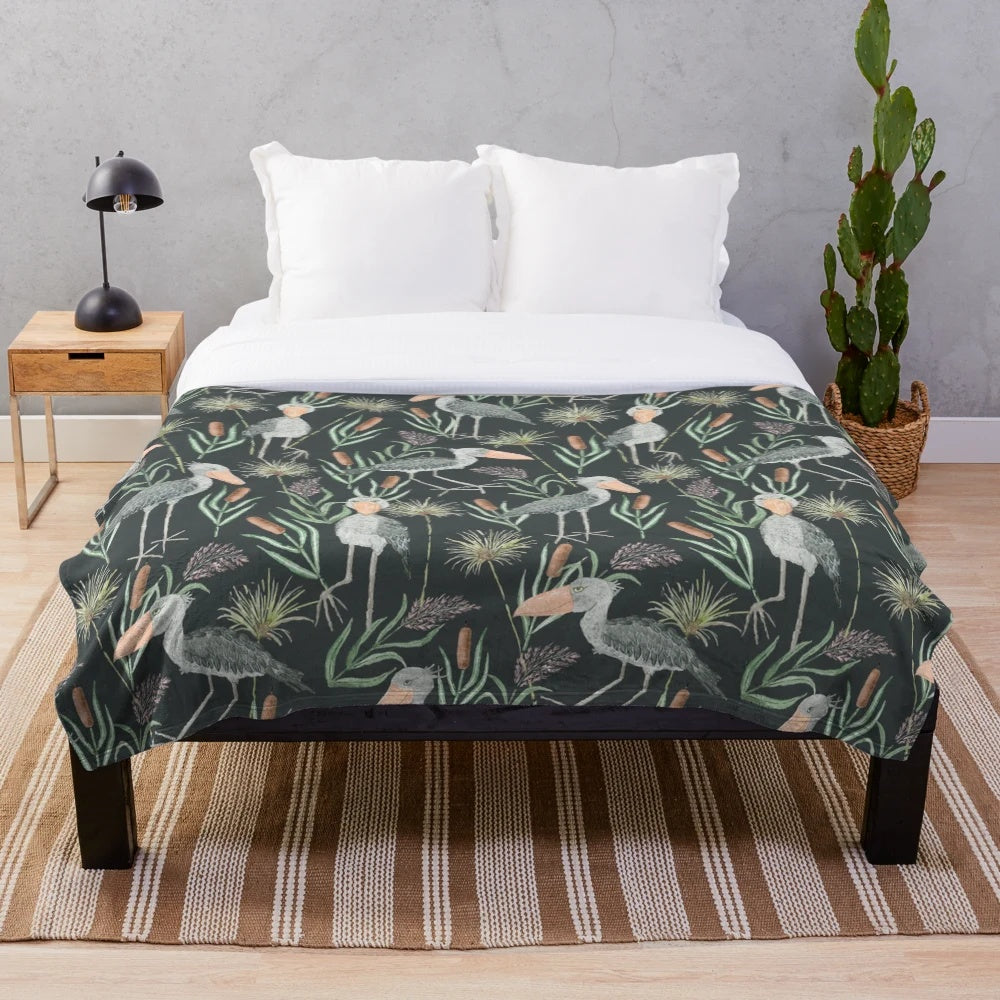 Majestic shoebill bird in a watercolor pattern plush blanket