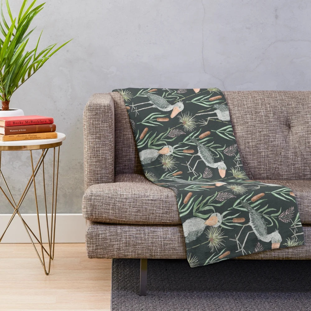 Majestic shoebill bird in a watercolor pattern plush blanket