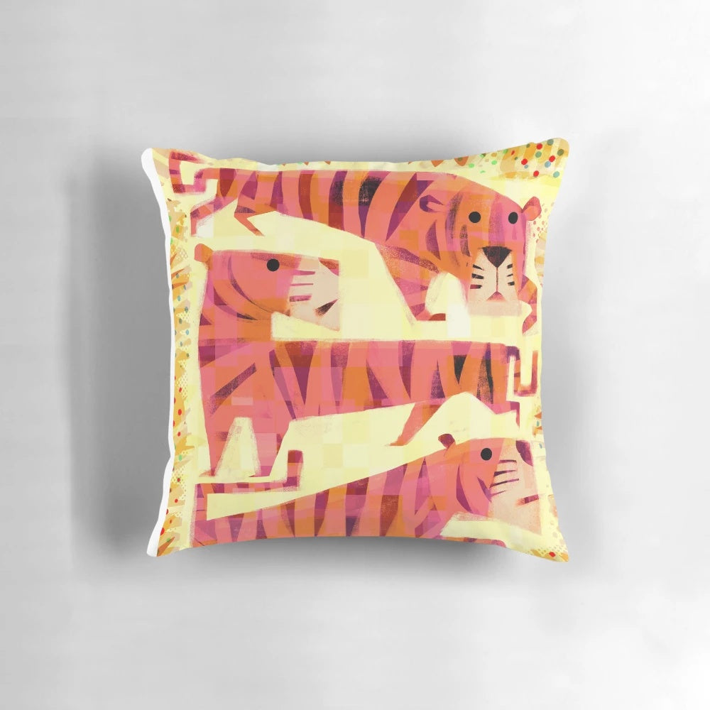Image of a pillow featuring a vibrant, lifelike illustration of a tiger in its natural habitat.