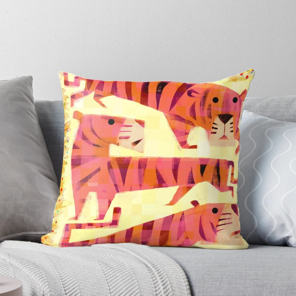 Image of a pillow featuring a vibrant, lifelike illustration of a tiger in its natural habitat.